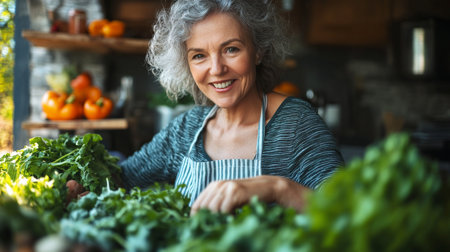 Щаслива пара старшого віку готує здорову їжу на кухні